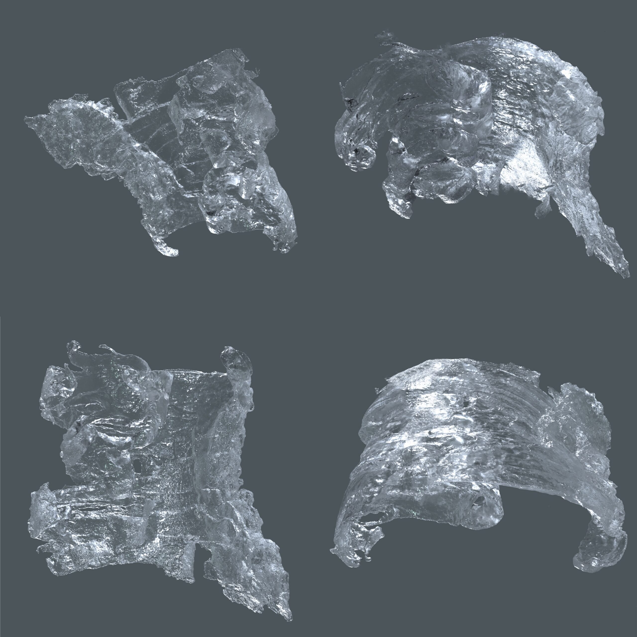 Final lookdev render — four glass-like views of the bark