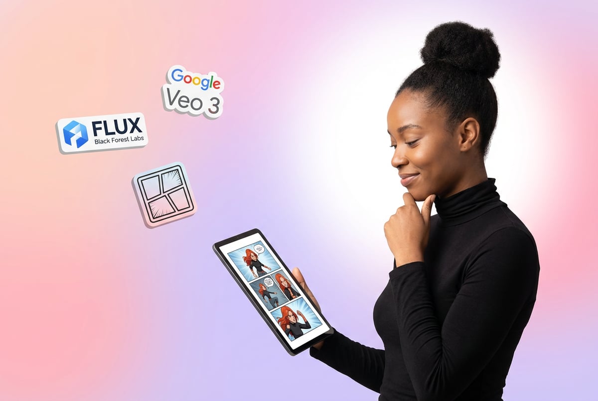 AI comic strip generation using FLUX and Veo 3 models with consistent characters across panels