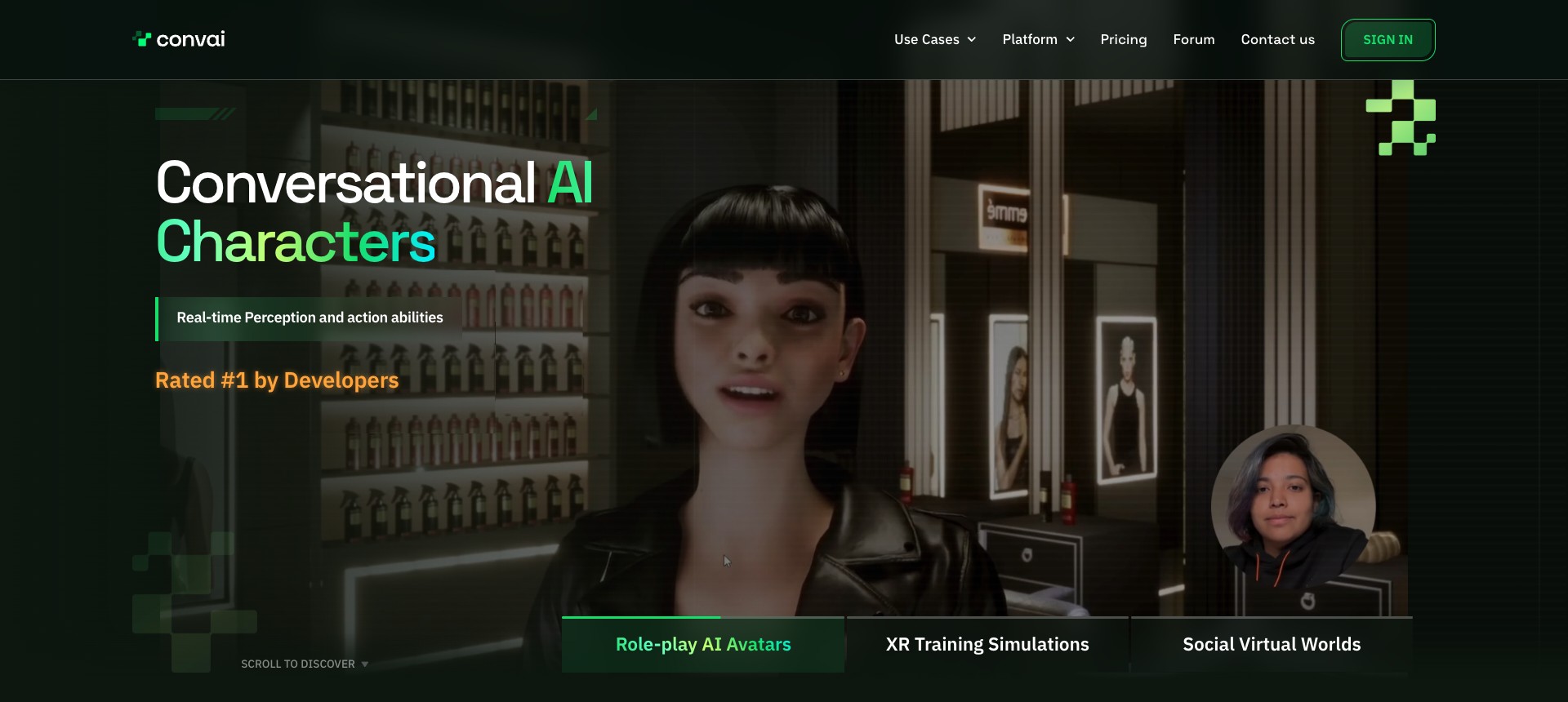 Convai platform homepage showing conversational AI character in retail environment