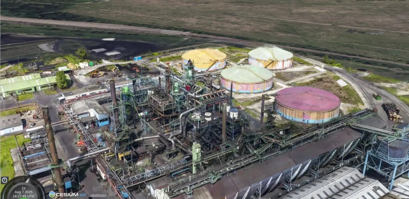 Gaussian Splat of an industrial facility captured using KHR_gaussian_splatting standard