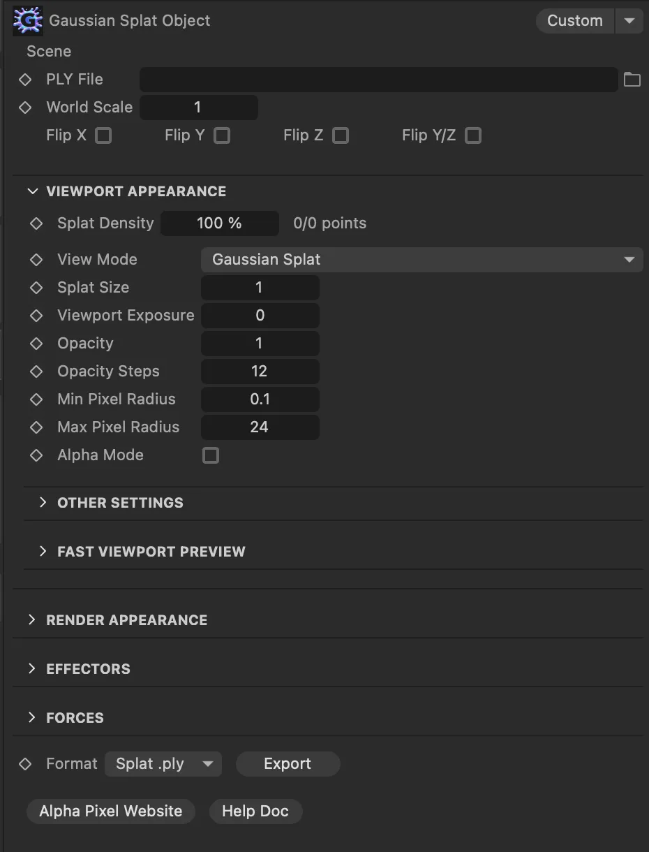 Gaussian Splat Studio plugin UI panel inside Cinema 4D viewport