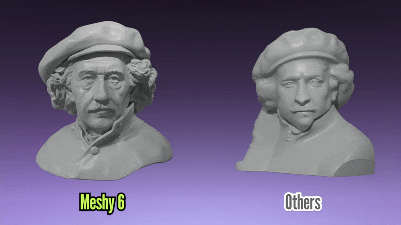 Meshy 6 geometry comparison showing improved model quality
