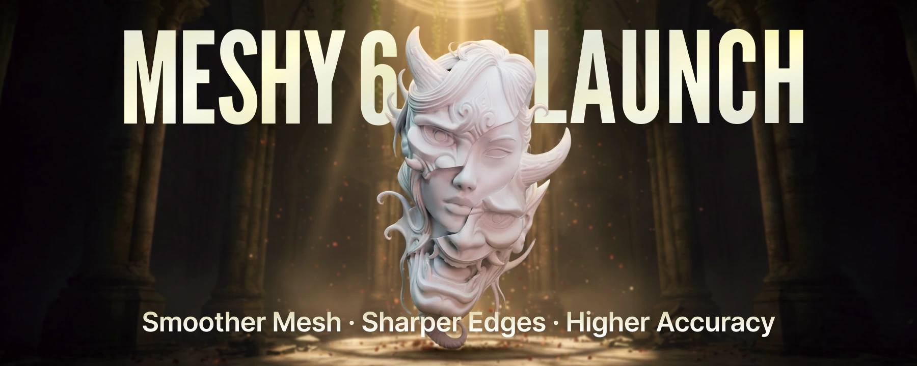 Meshy 6 launch header showcasing AI-generated 3D models