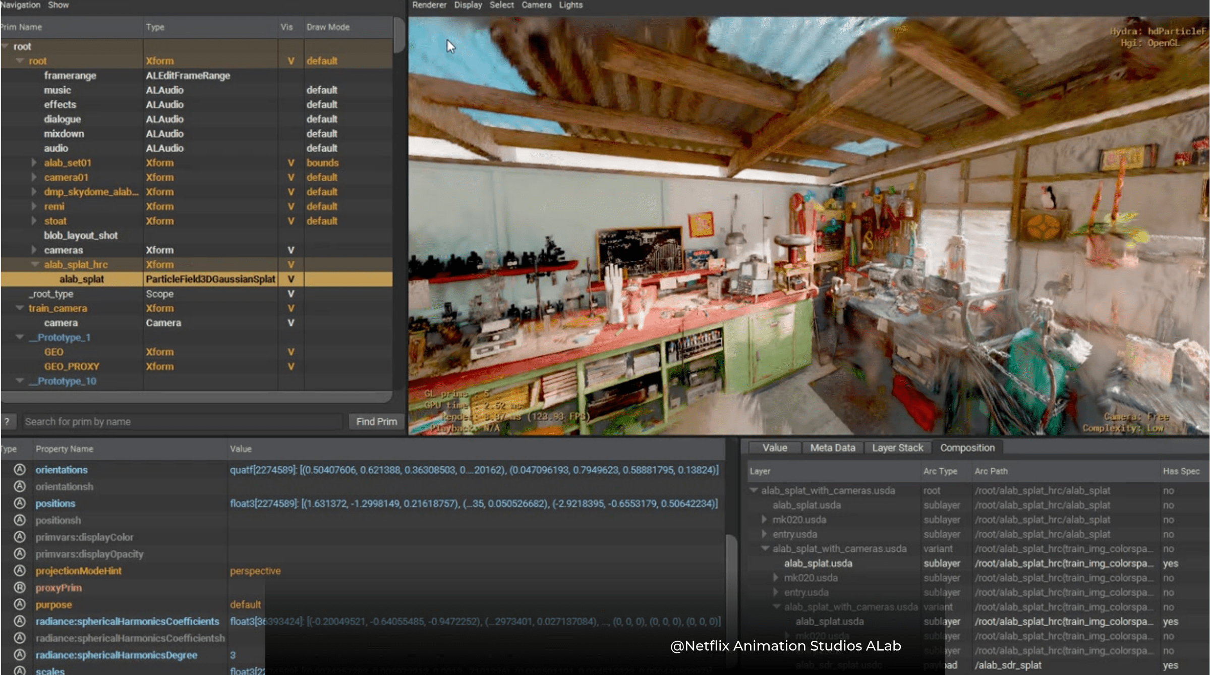OpenUSD v26.03 showing ALab scene from Netflix Animation Studios