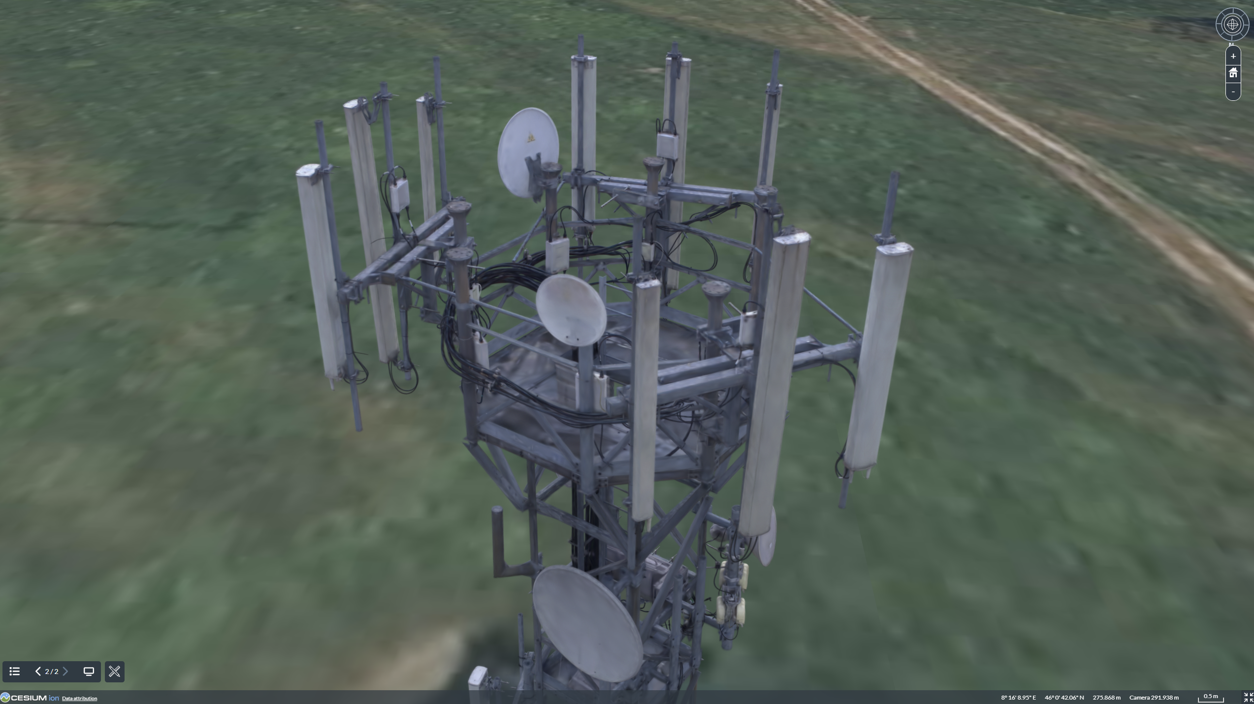 Cell tower Gaussian splat capture displayed at successive LOD levels for telecom inspection