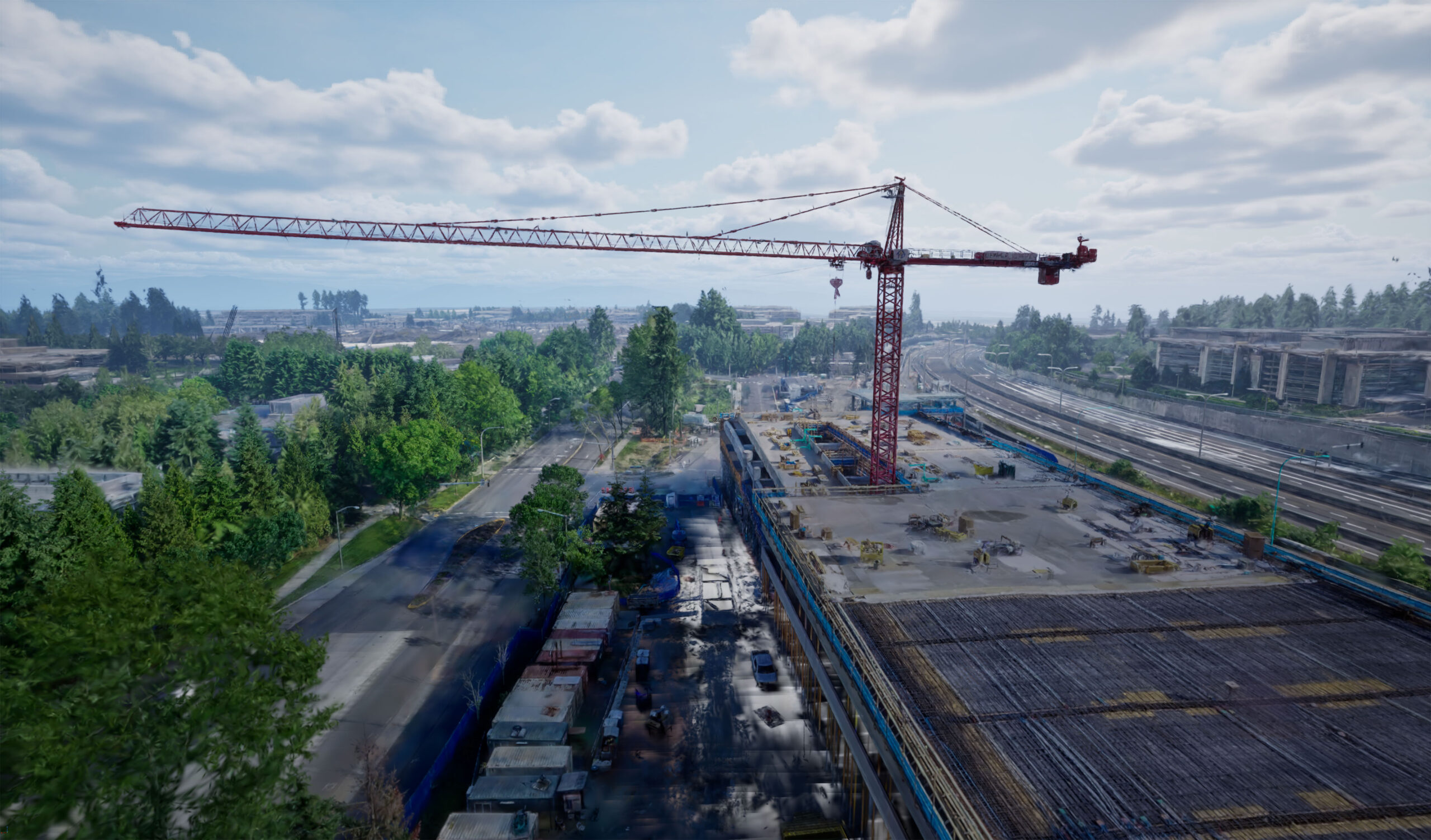 Construction crane Gaussian splat capture rendered inside Unreal Engine via Cesium for Unreal
