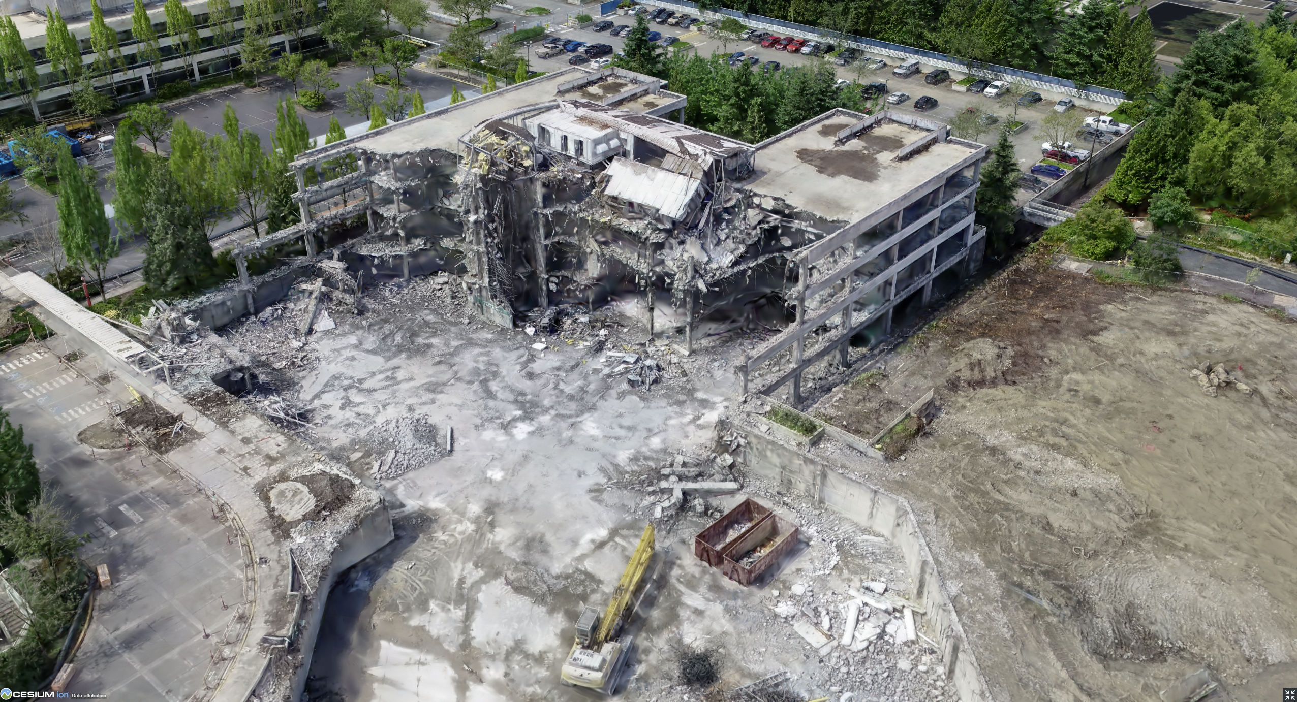 Microsoft Redmond Campus rendered as a 110-million Gaussian splat reconstruction in CesiumJS
