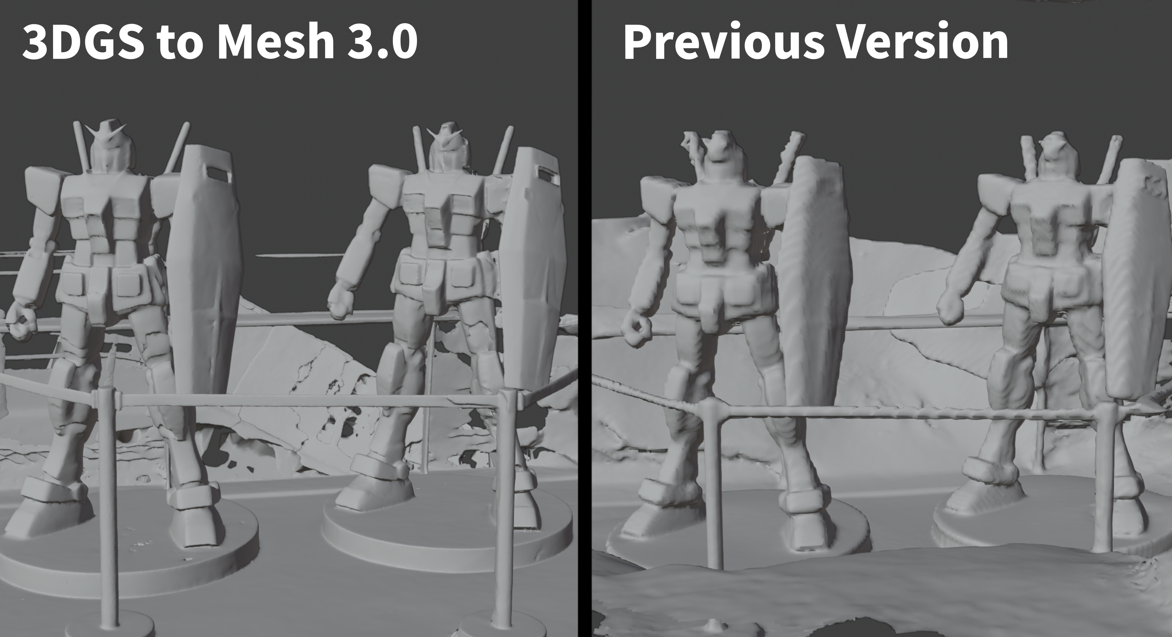 KIRI Engine 3DGS to Mesh comparison: version 2.0 vs 3.0 on a Gundam figure