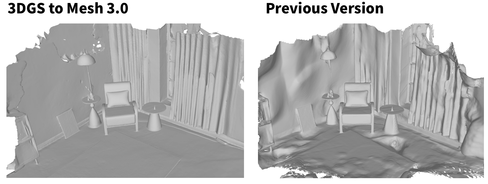 KIRI Engine living room scan mesh comparison between version 2.0 and 3.0