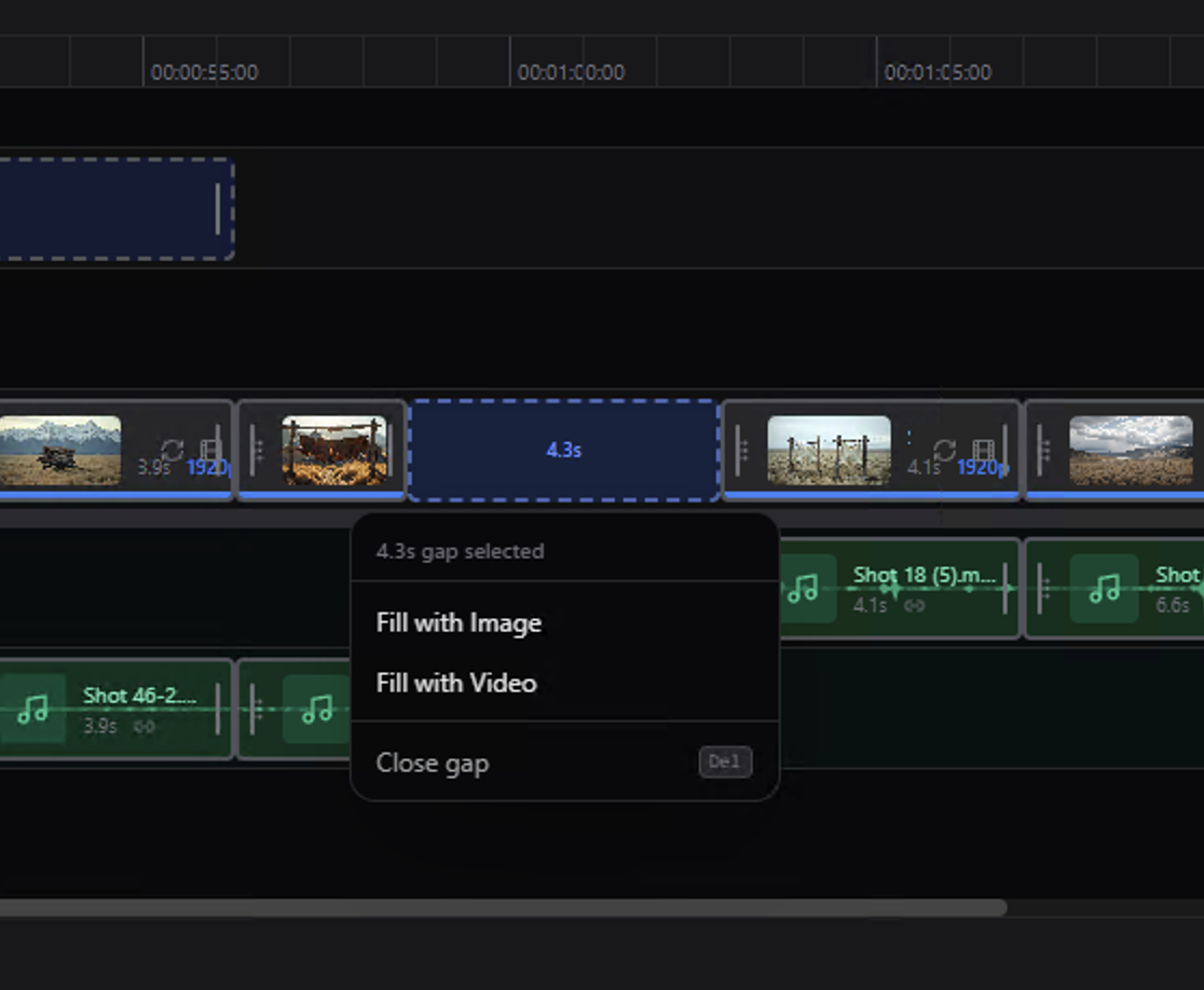 LTX Desktop — timeline gap fill to generate transitions between clips