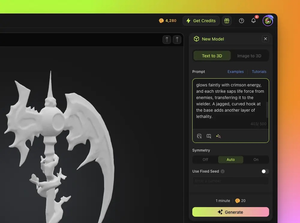 Meshy AI Workspace 3.0 text-to-3D generation interface