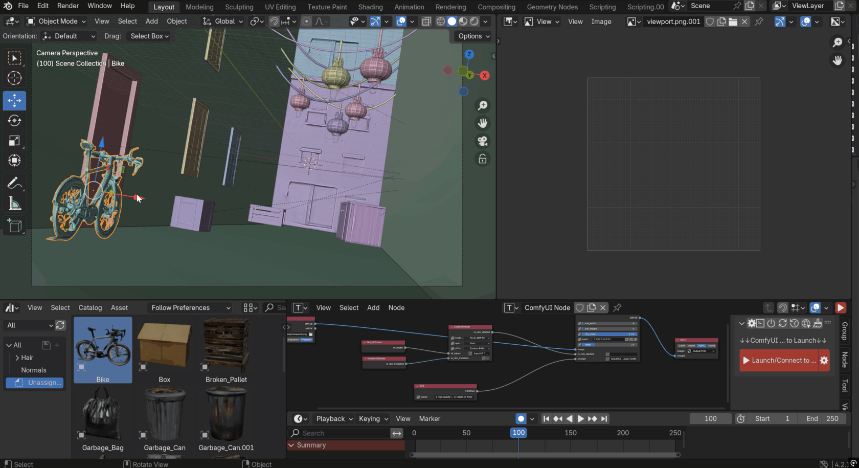 3D scene assembled in Blender from Blueprint-generated assets