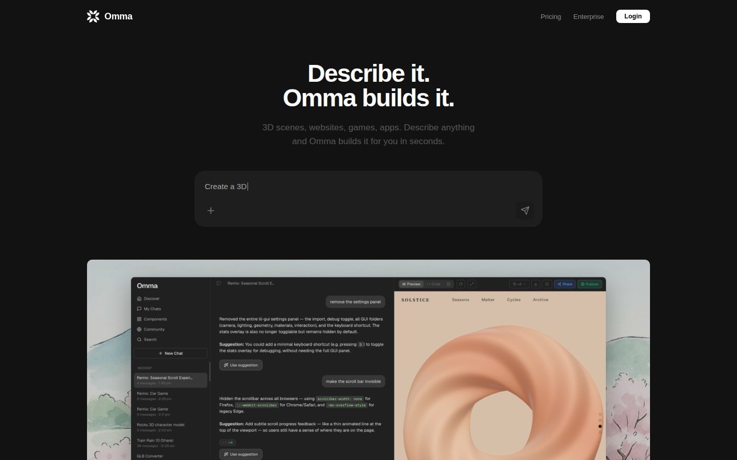 Omma AI canvas by Spline — generating interactive 3D web experience from text prompt
