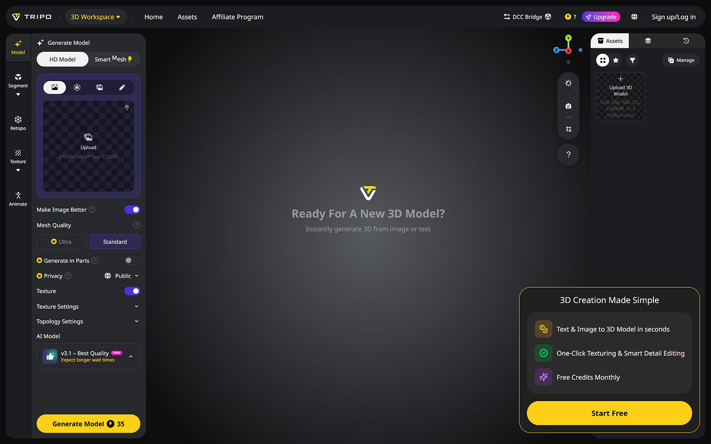 Tripo Studio 3D workspace showing HD Model (H3.1) and Smart Mesh toggle options