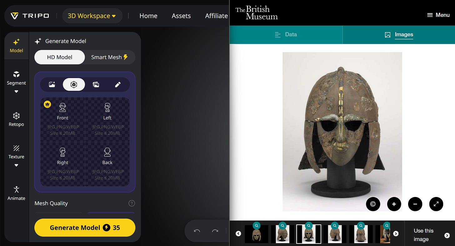 Tripo H3.1 multi-view input workflow using the Sutton Hoo Helmet from the British Museum as reference