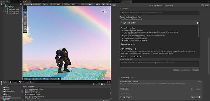 Unity AI Plan Mode interface showing a proposed implementation strategy