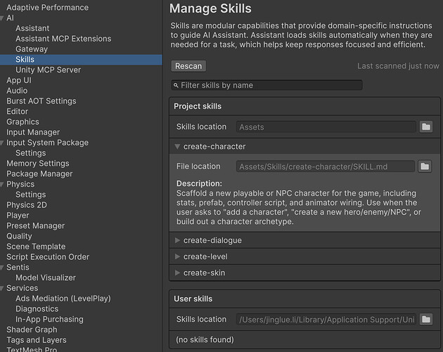 Unity AI Skills panel with customizable project-specific modules