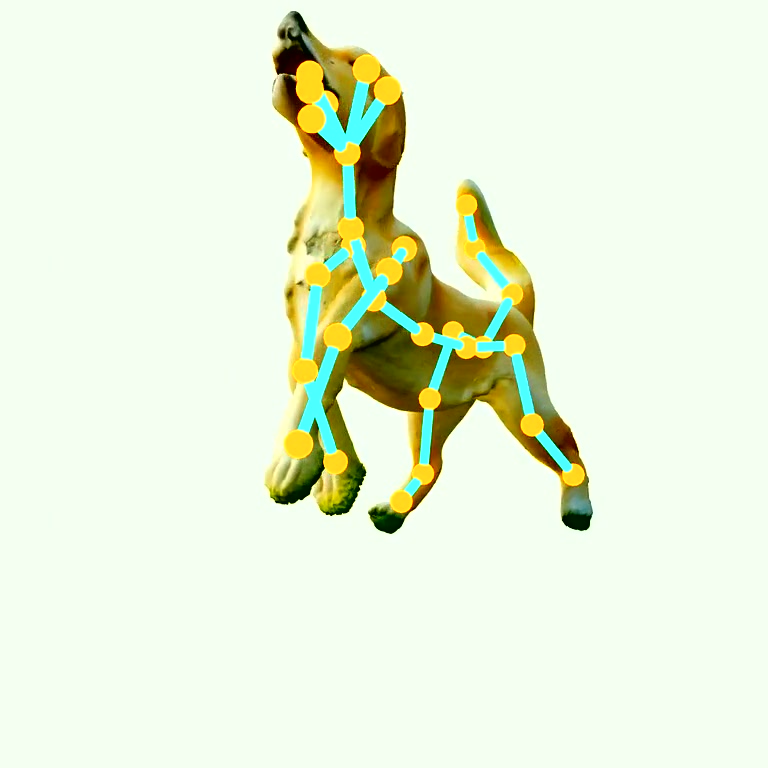 A textured 3D dog model generated by AniGen with an auto-generated yellow-and-cyan skeleton overlaid