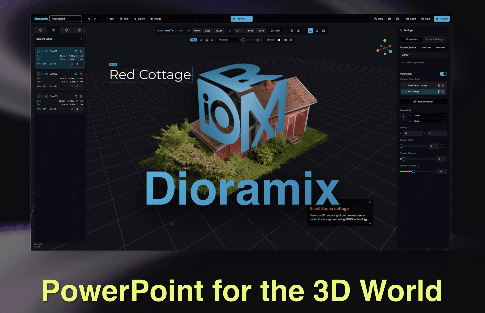 Dioramix editor interface — splat with annotations and slide timeline