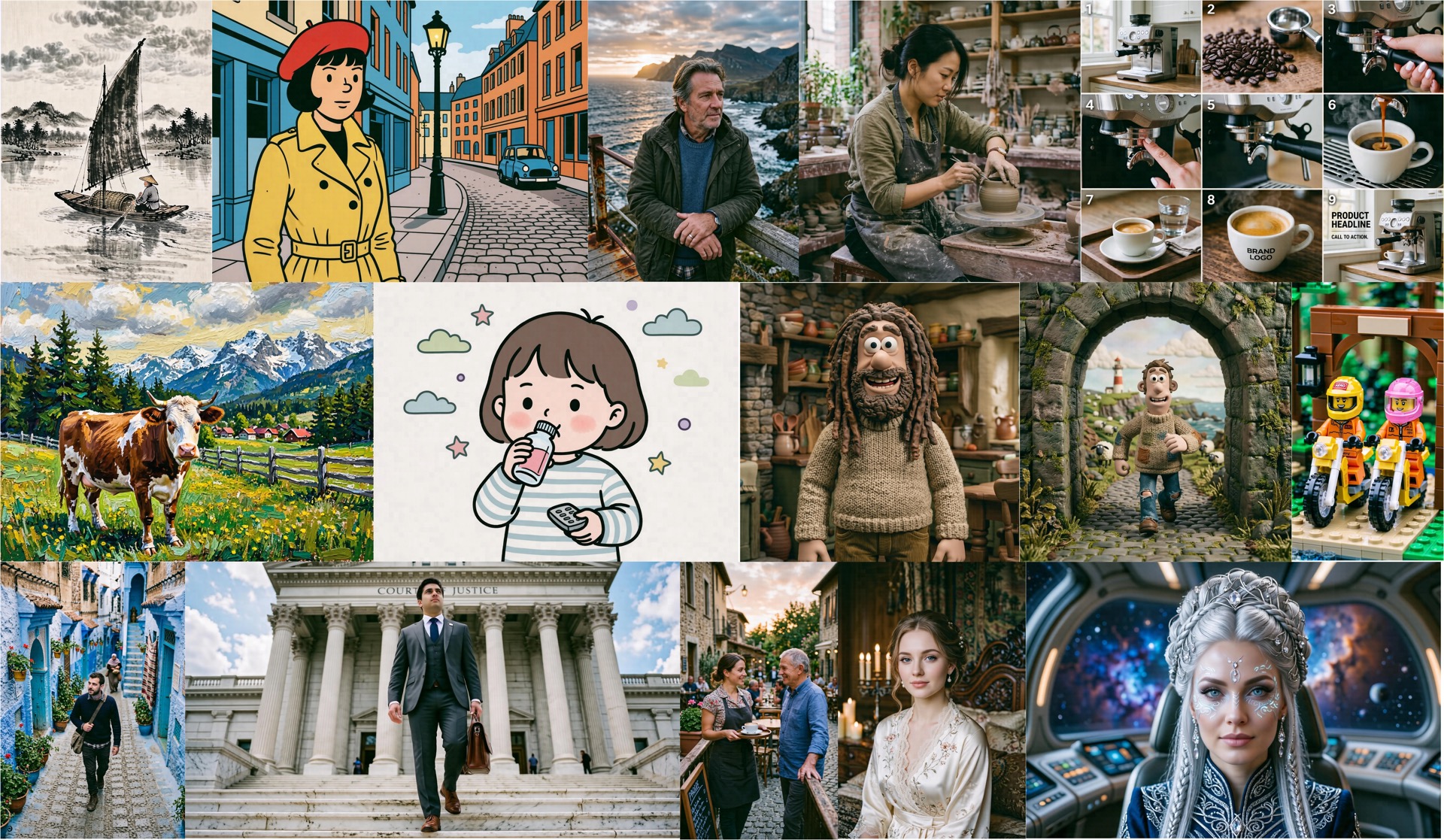 Grid of HiDream-O1-Image text-to-image samples across cinematic, illustrative and photographic styles
