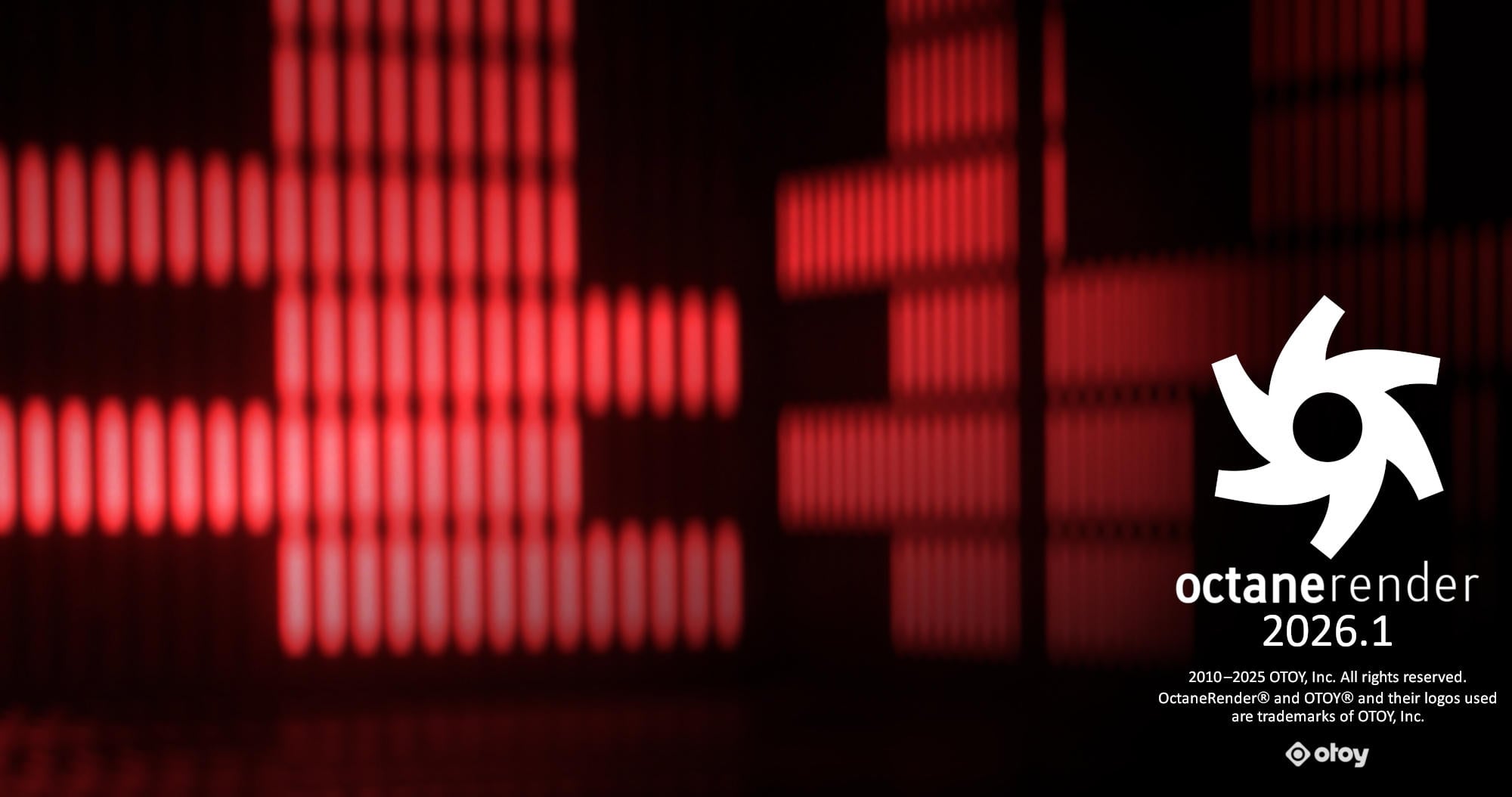 OctaneRender 2026 splash showing relightable Gaussian splats in a path-traced scene