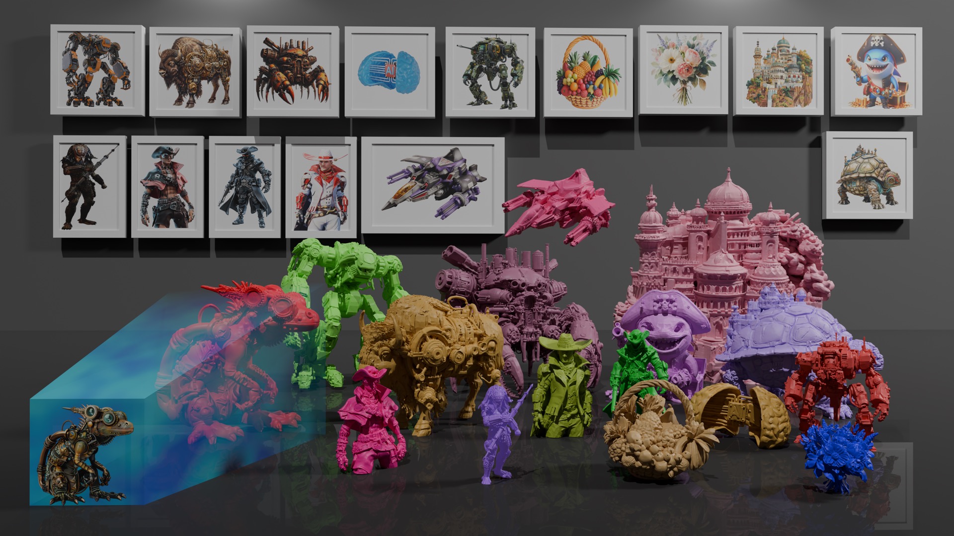 Pixal3D results gallery: 2D concept art on the wall, fully textured 3D models generated below