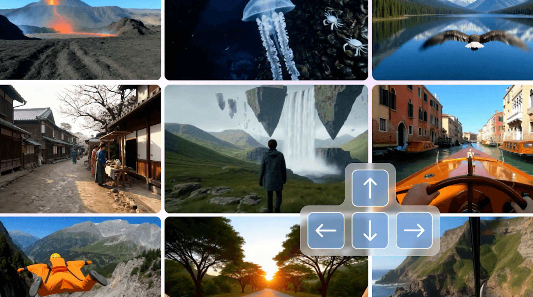 A grid of explorable AI-generated worlds inside Project Genie, with on-screen navigation arrows