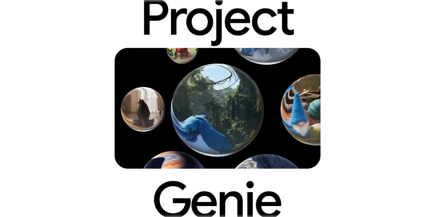 Project Genie branding over a collection of snow-globe style generated worlds