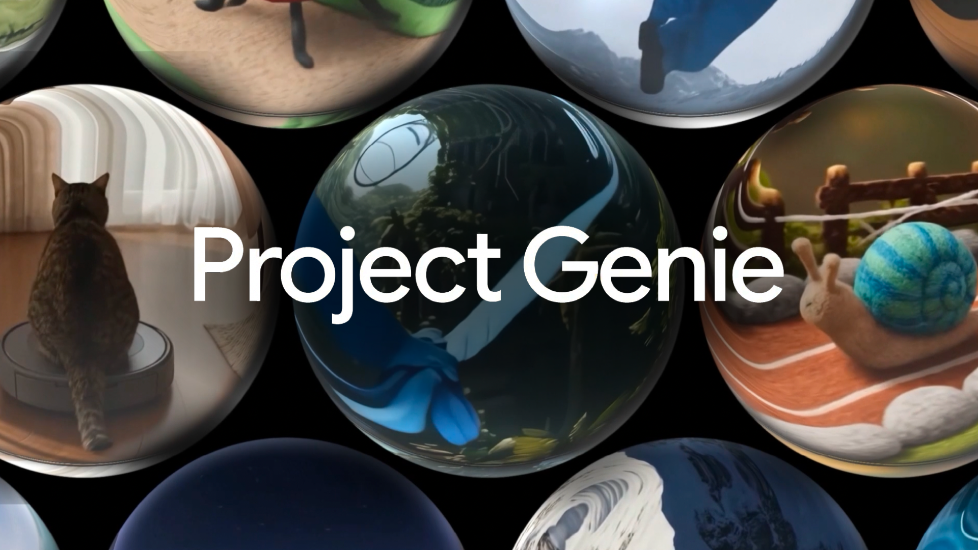 Project Genie worlds shown as a row of generated spheres, rolling out worldwide