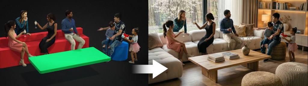 A 3D previz scene used as a control layer for AI rendering