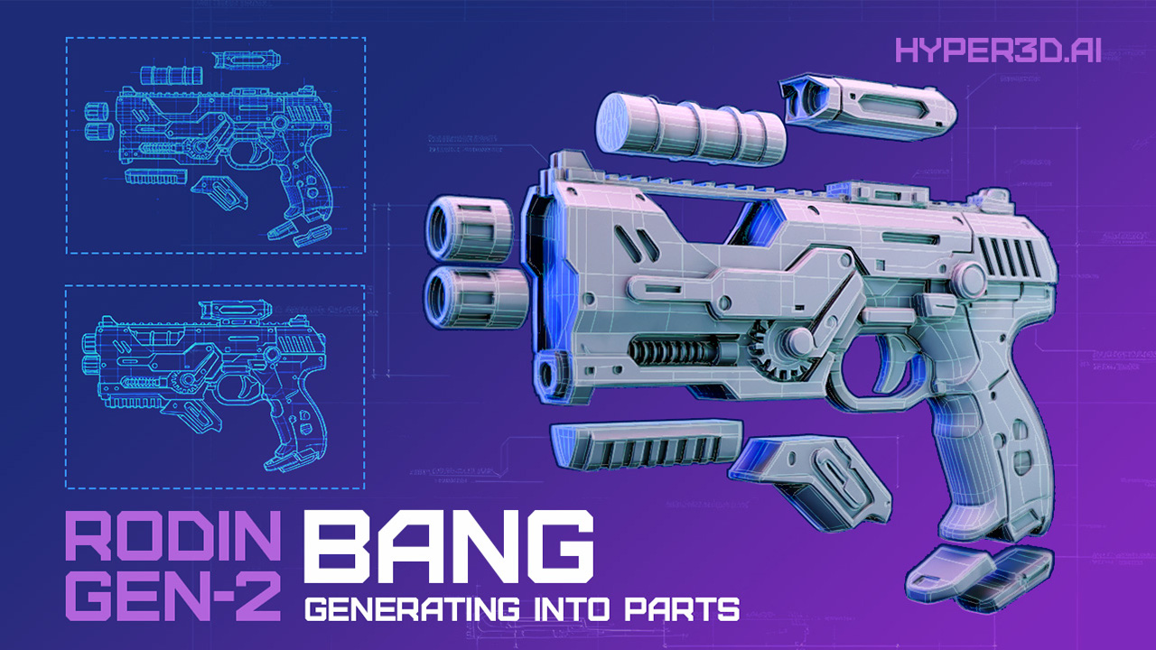 Rodin Gen-2 BANG feature — a generated sci-fi pistol decomposed into separate component parts with wireframe blueprints