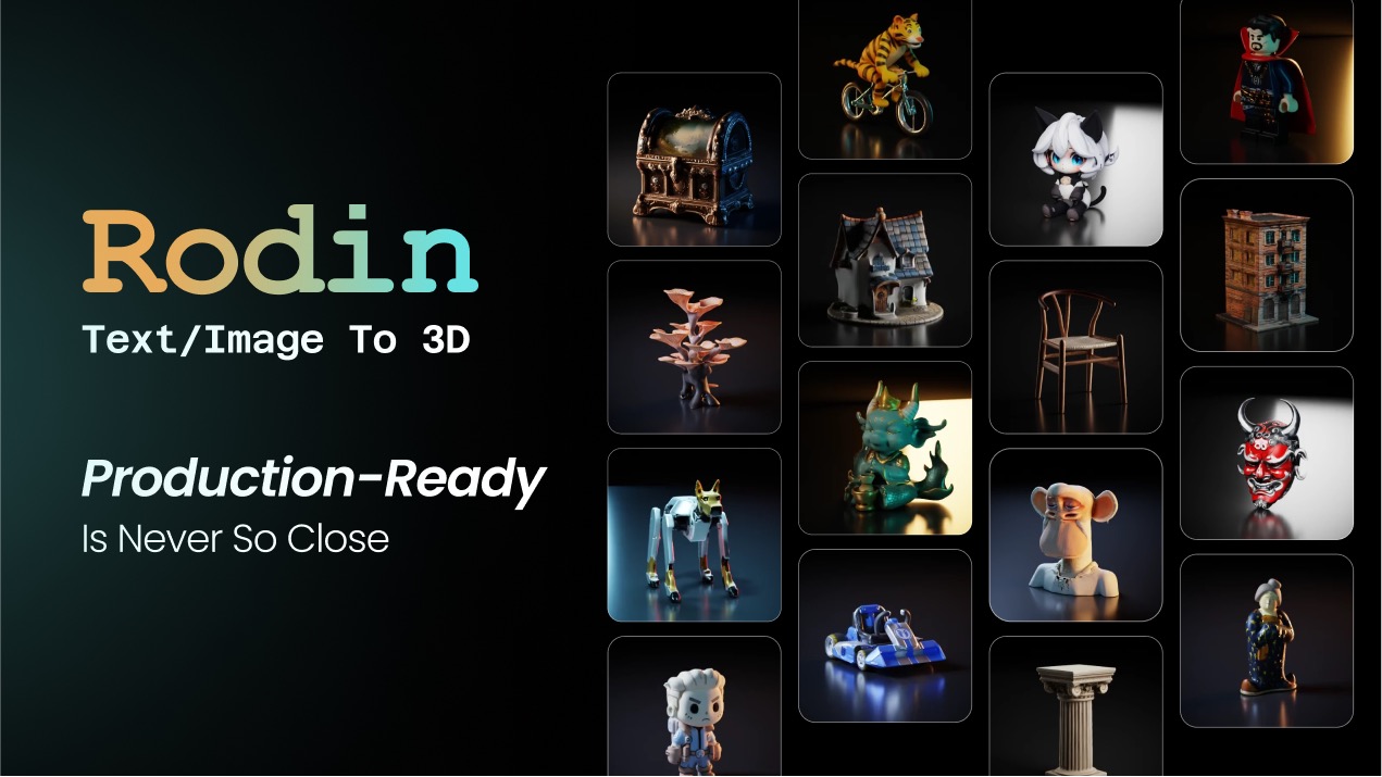 Rodin text and image to 3D — gallery of AI-generated assets including a dragon, a treasure chest, a robot dog and a go-kart
