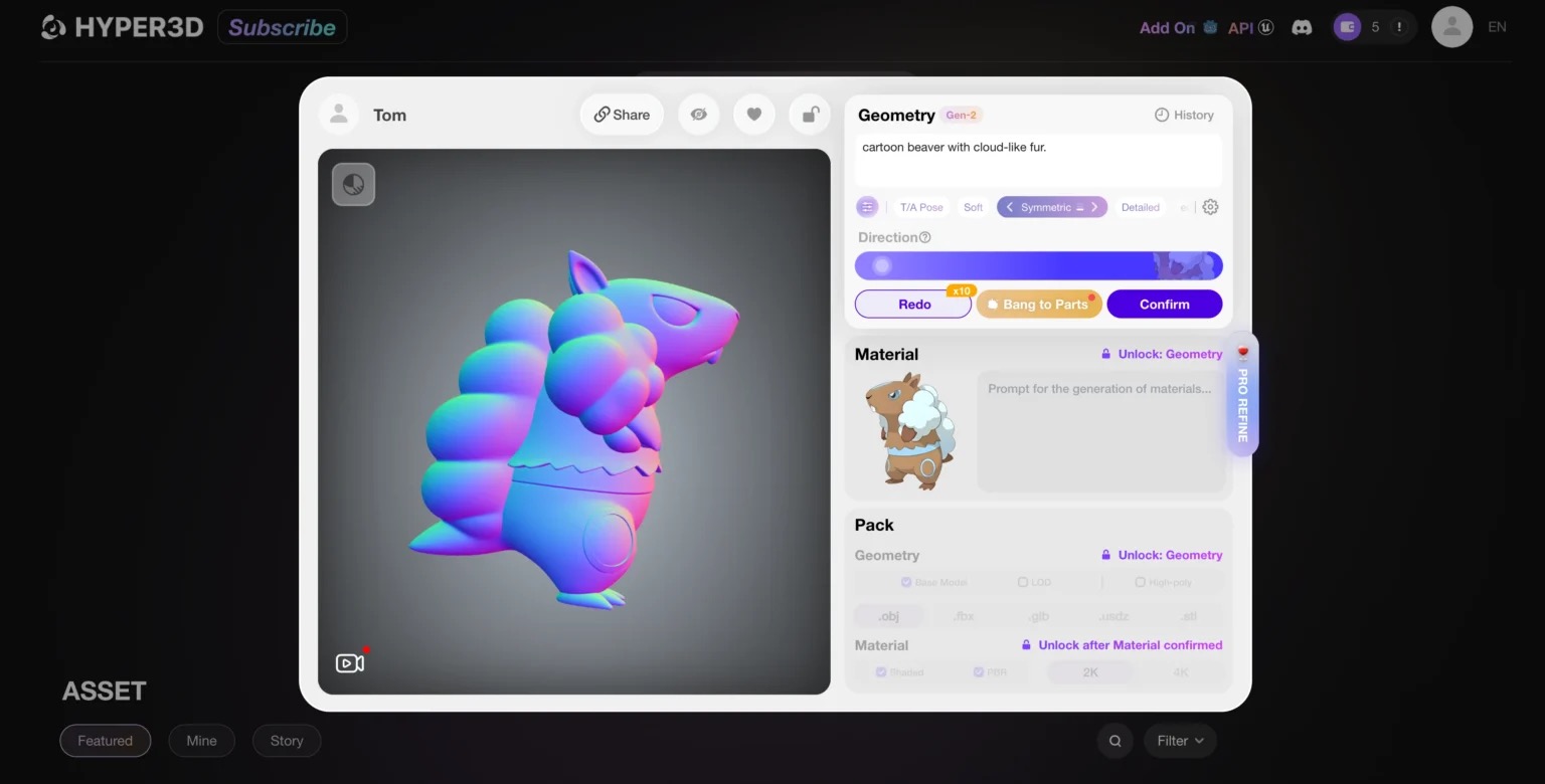 The Rodin web interface showing a generated cartoon beaver model with controls for pose, symmetry, detail level, materials and export formats