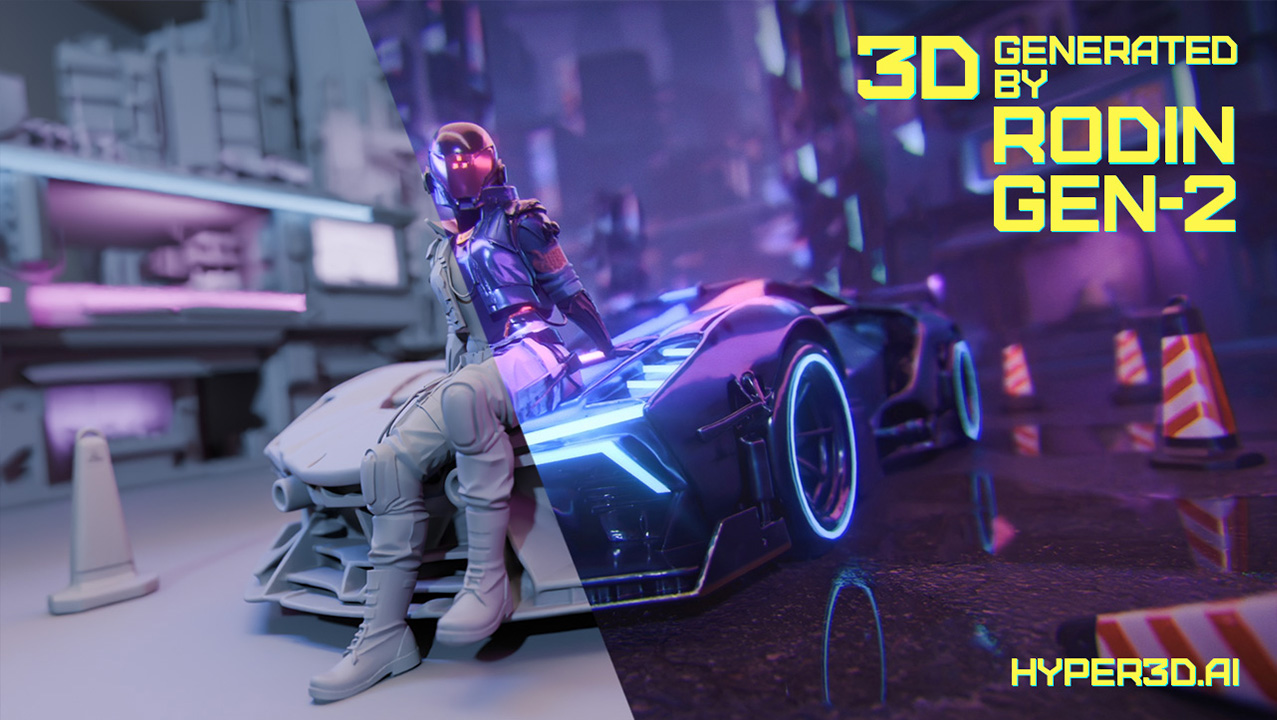 A cyberpunk character leaning on a neon sports car, fully generated by Rodin Gen-2, shown half as grey clay model and half textured