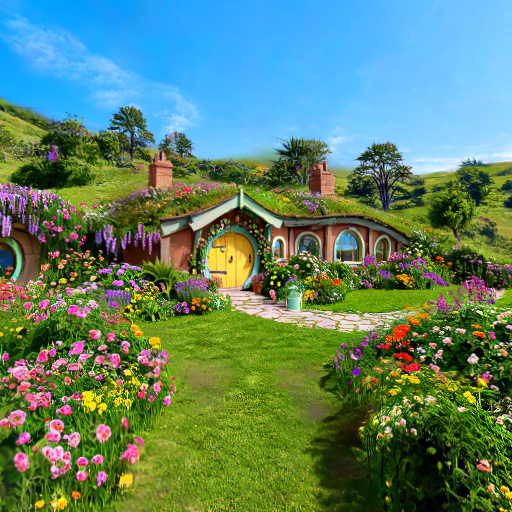 A whimsical shoe-shaped house in a garden, generated by Echo-2 from a text prompt