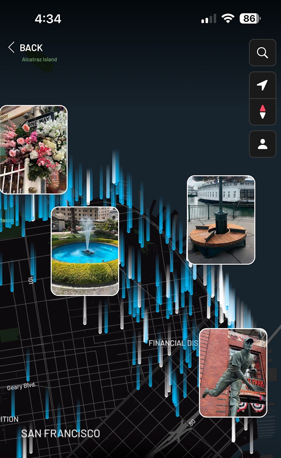 Niantic Scaniverse mobile app showing a map of San Francisco with thumbnail tiles of Gaussian splat scans pinned to locations across the city
