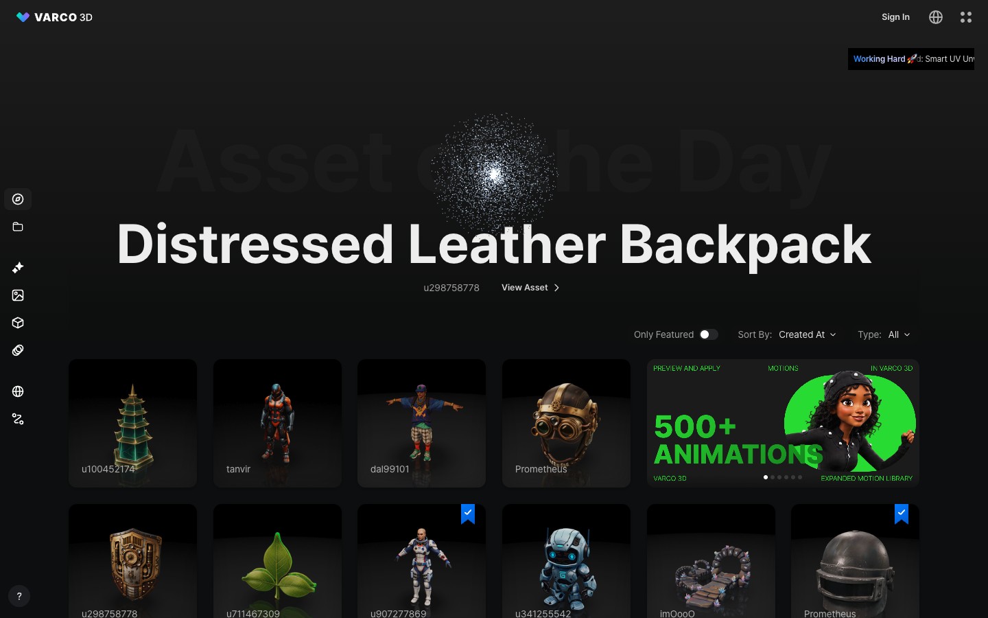 The VARCO 3D Explore gallery showing community-generated 3D assets — a pagoda, characters, a steampunk mask, a robot — and a 500+ animations banner