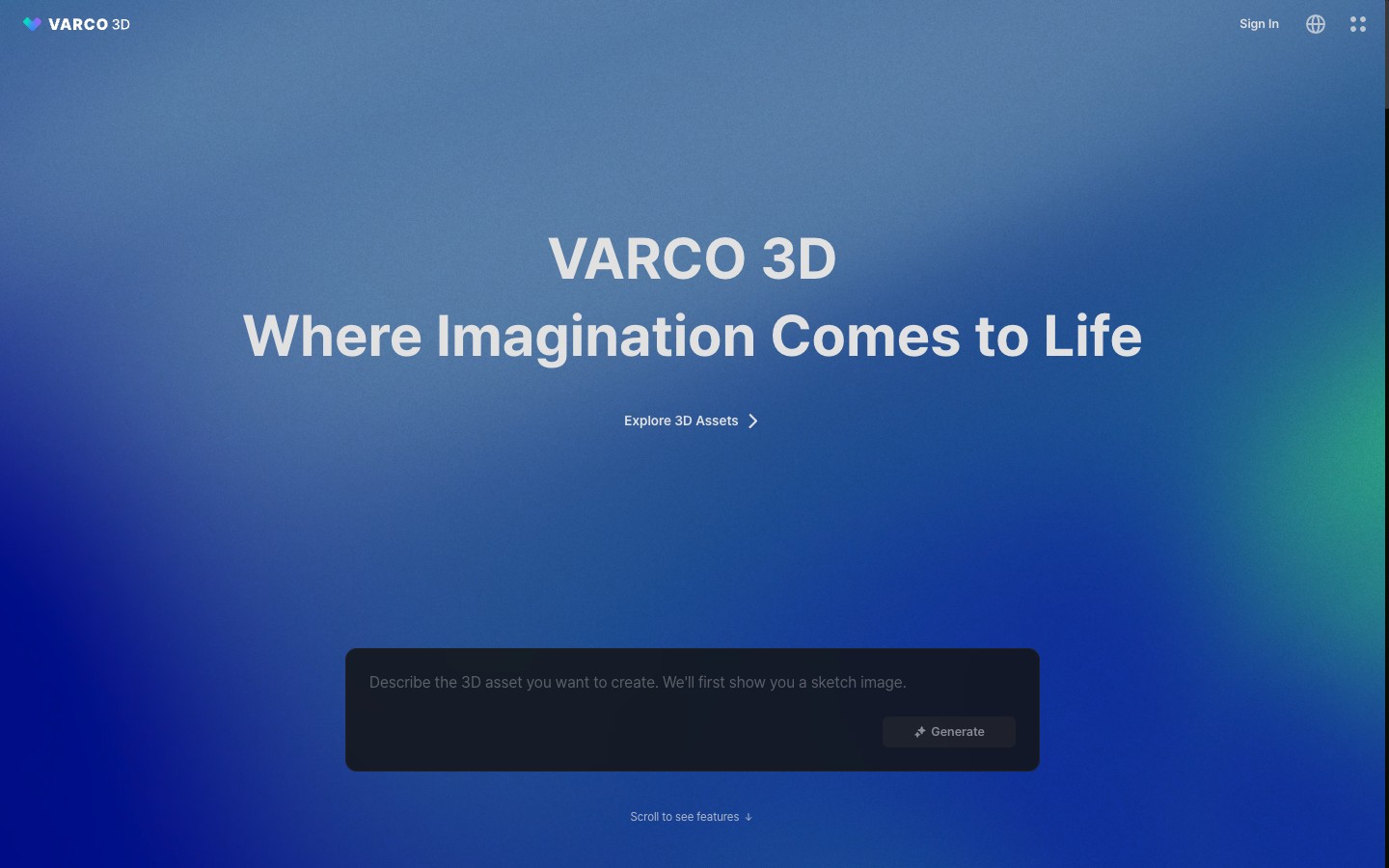 VARCO 3D landing page with the tagline Where Imagination Comes to Life and a single prompt box