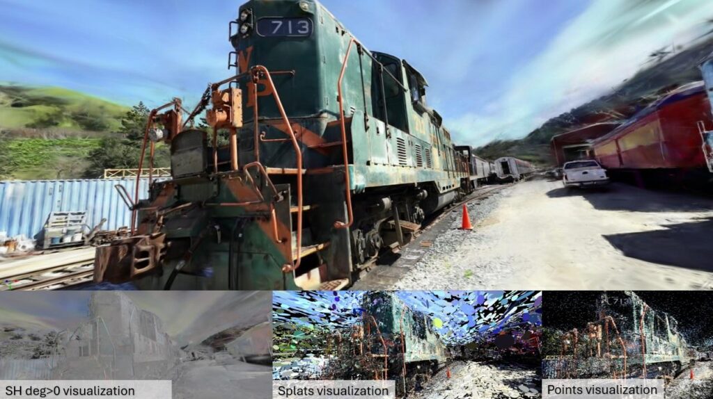 NVIDIA vkSplatting rendering of a green locomotive with insets showing multiple visualization modes