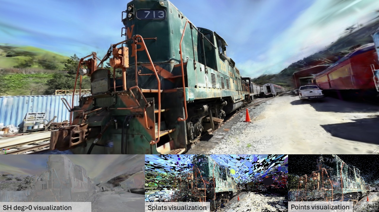The vkSplatting train scene rendered in multiple modes including normals, depth, splat ID and DLSS buffers