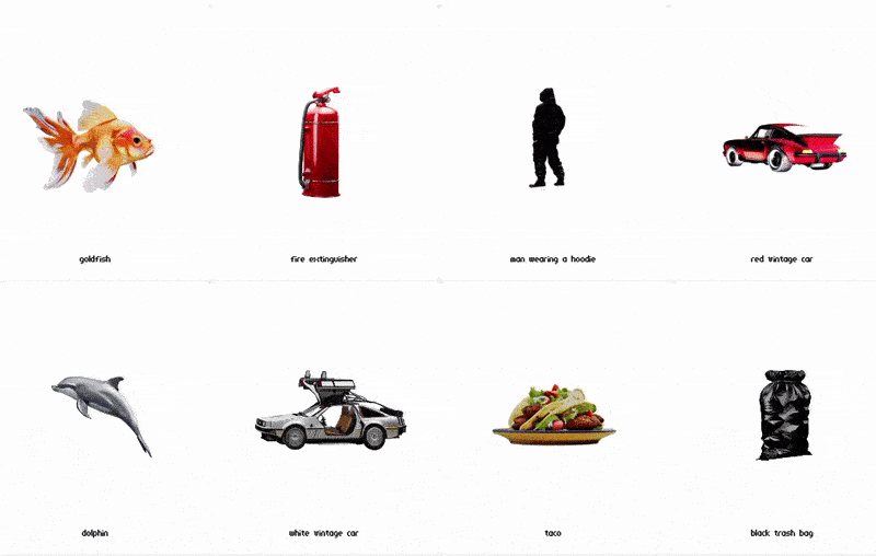 A grid of 3D Gaussian splat assets generated by 404-GEN from text prompts: goldfish, fire extinguisher, dolphin, vintage cars, taco, trash bag