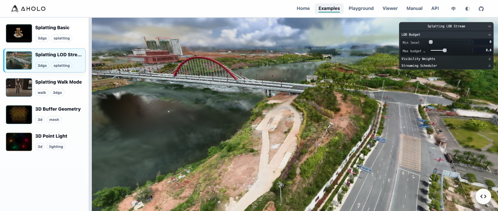 City-scale Gaussian splat of a river, bridge and roads rendered live in a browser by Aholo Viewer, with LOD budget and streaming scheduler controls visible