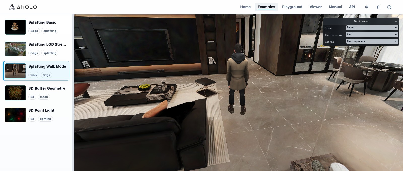 Third-person avatar standing inside a photorealistic living-room Gaussian splat in Aholo Viewer walk mode, with a walk-mode control panel