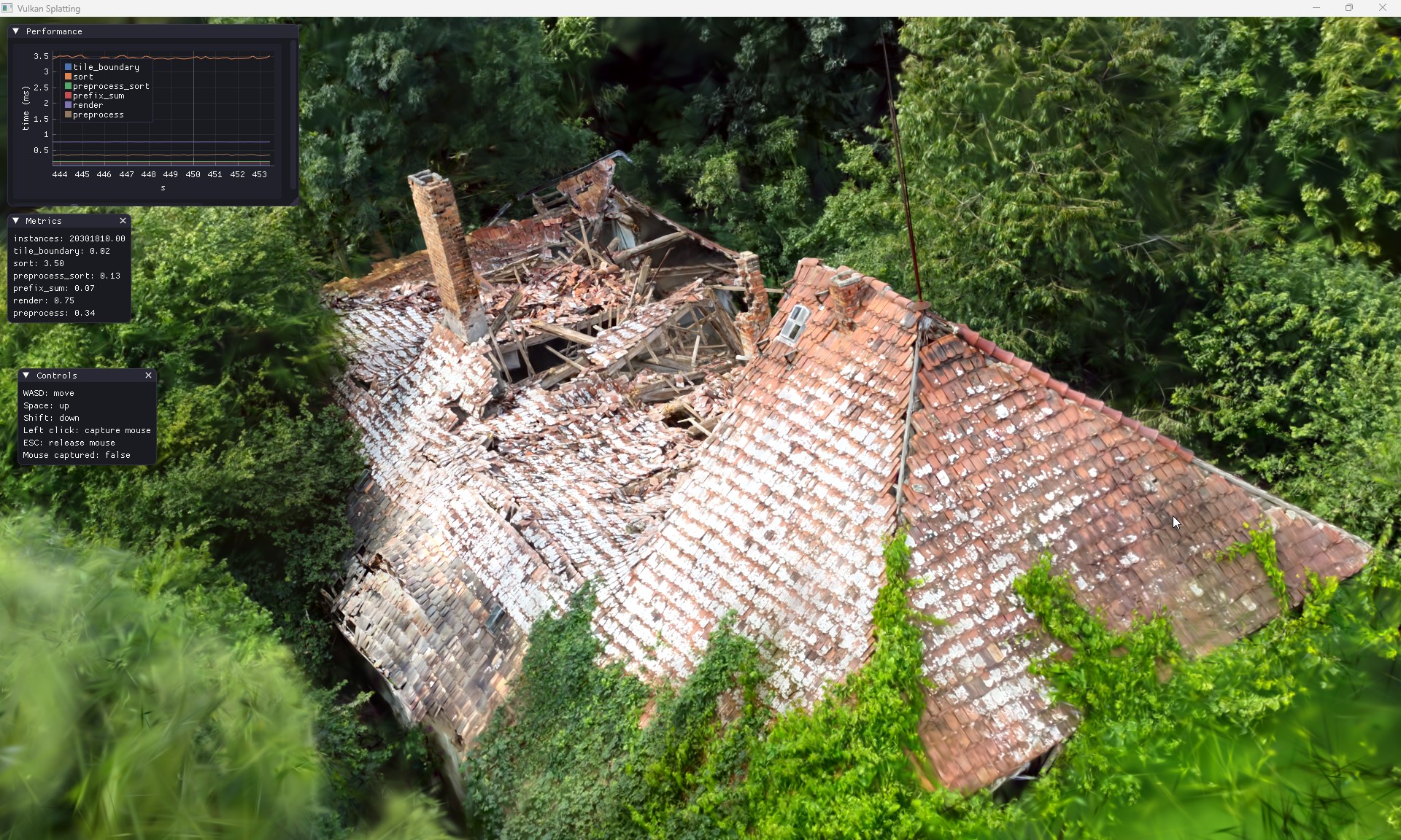An aerial drone capture of a rooftop reconstructed as a 3D Gaussian Splat inside a real-time viewer