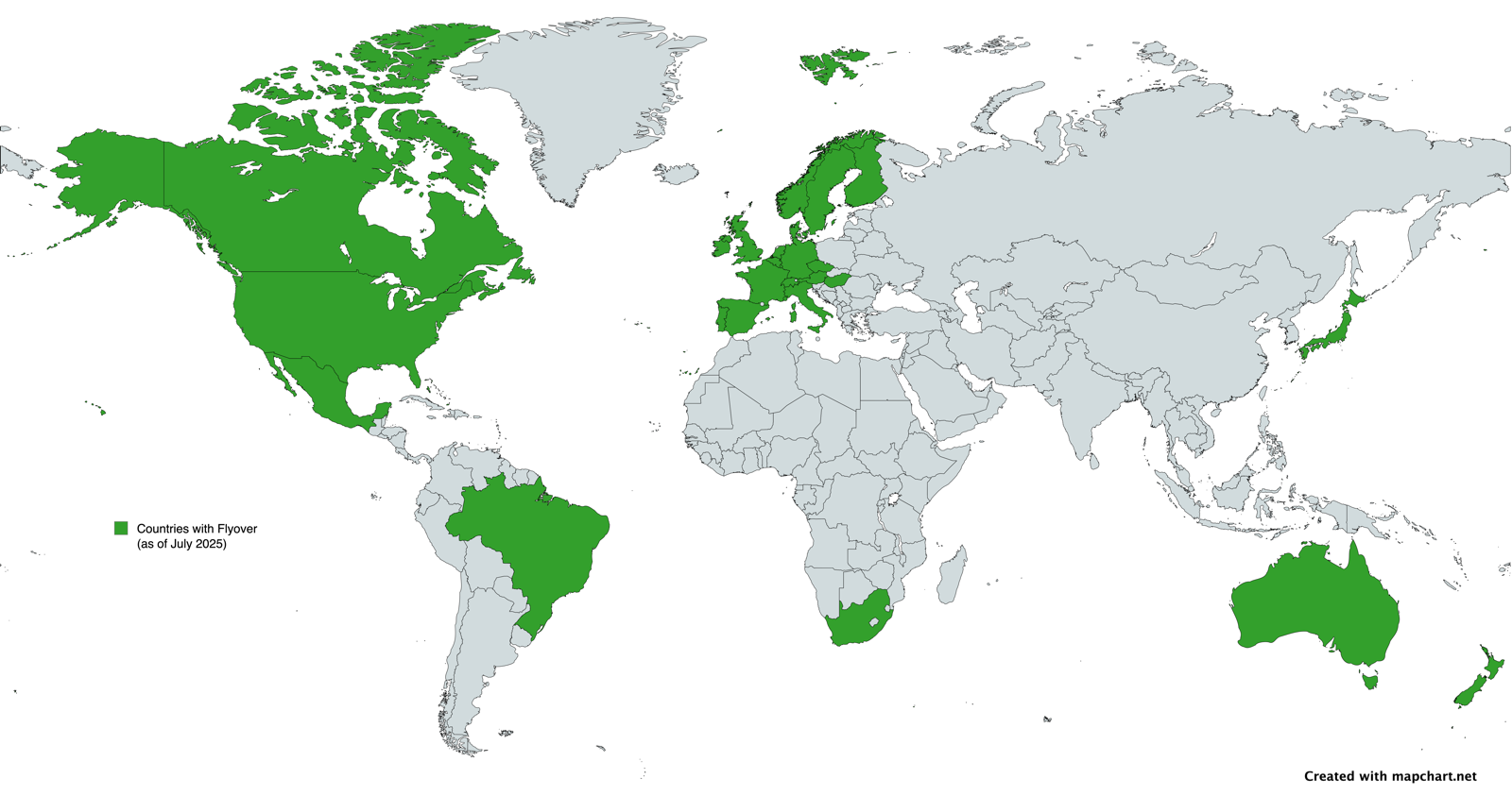 World map showing the countries where Apple Maps Flyover is available