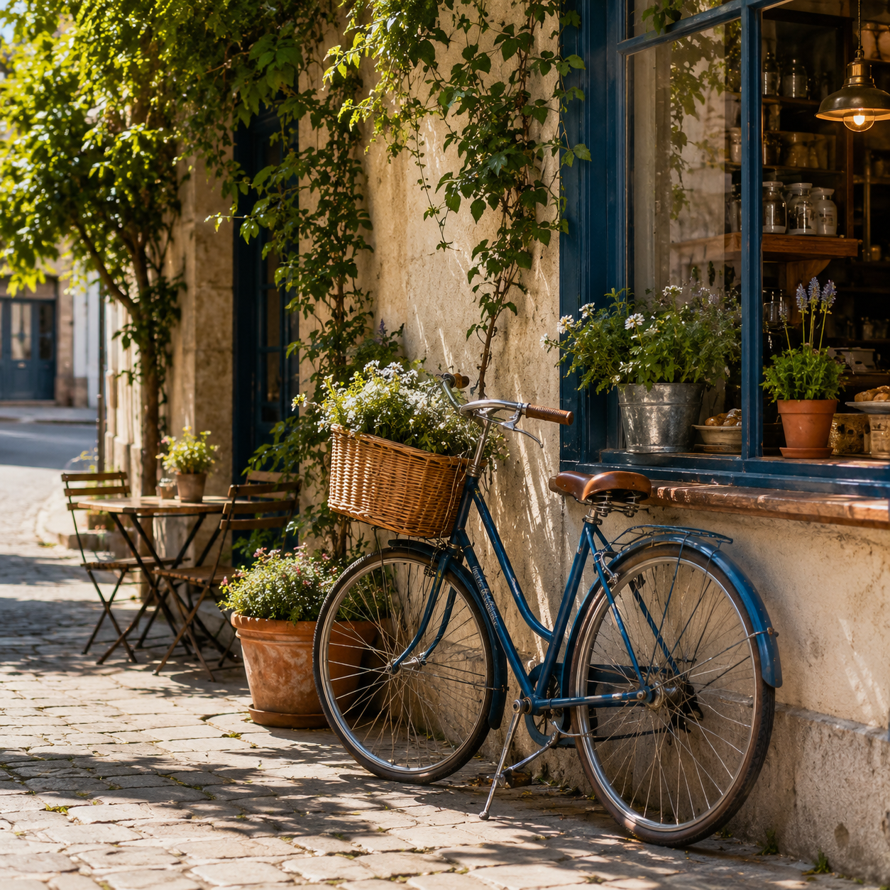 Original photo of a blue bicycle leaning against a sunlit café window