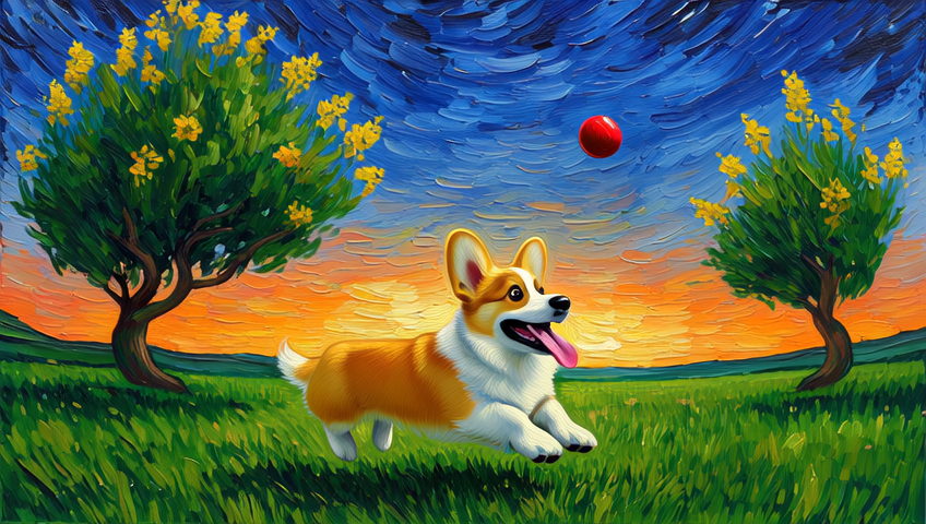 A Van Gogh-style painting of a leaping Corgi generated by ByteDance's Bernini model