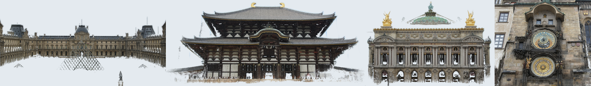 Dense multi-view stereo reconstructions of several landmarks produced by COLMAP