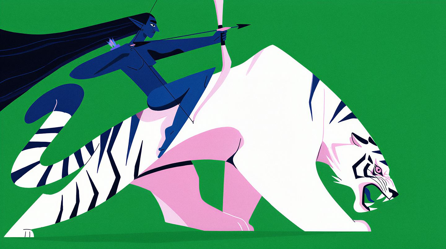 Flat graphic concept art of a blue-skinned elf archer riding a white tiger, generated by Krea 2