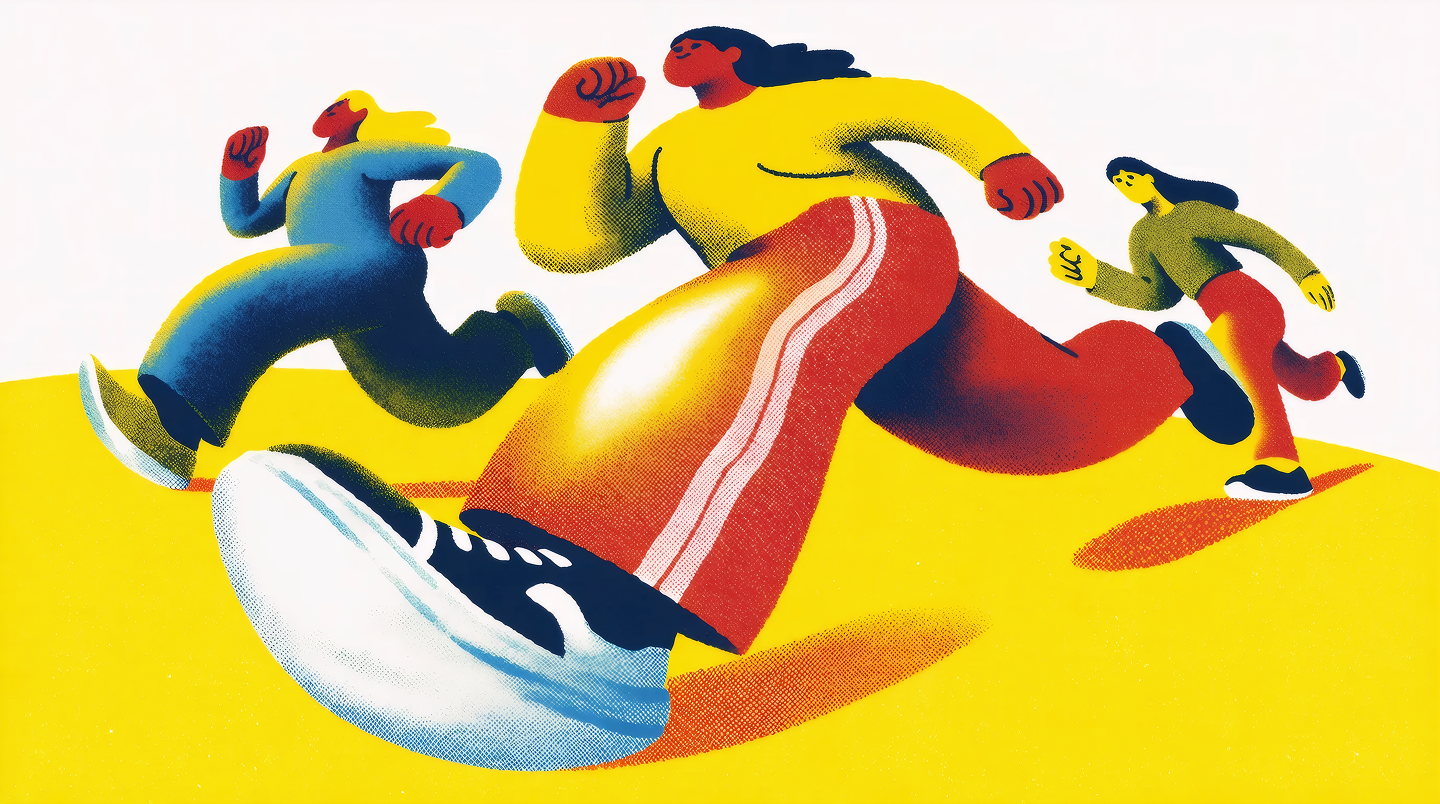 Risograph-style graphic poster of people running, generated by Krea 2